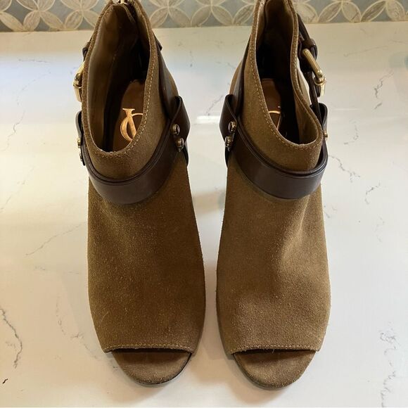 Vince Camuto VC Signature Leather Suede Brown Nikoletta Peep Toe Boots Size 7 - Picture 3 of 16